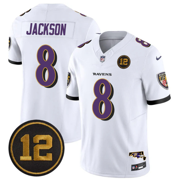 Men's Baltimore Ravens #8 Lamar Jackson White 2025 F.U.S.E. Jacoby Jones Patch Vapor Limited Football Jersey